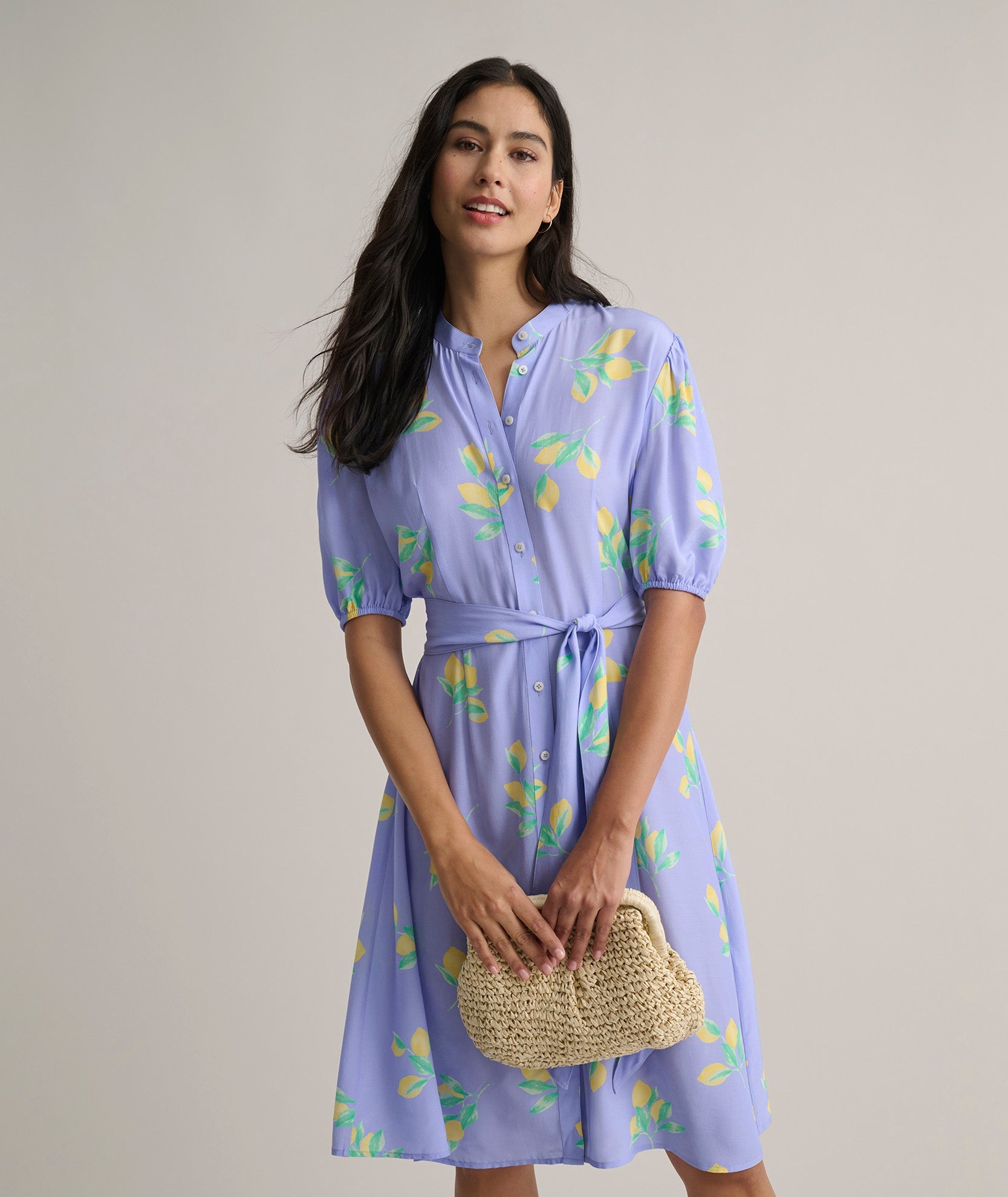 Short-Sleeve Lemon Print Midi Alix Dress