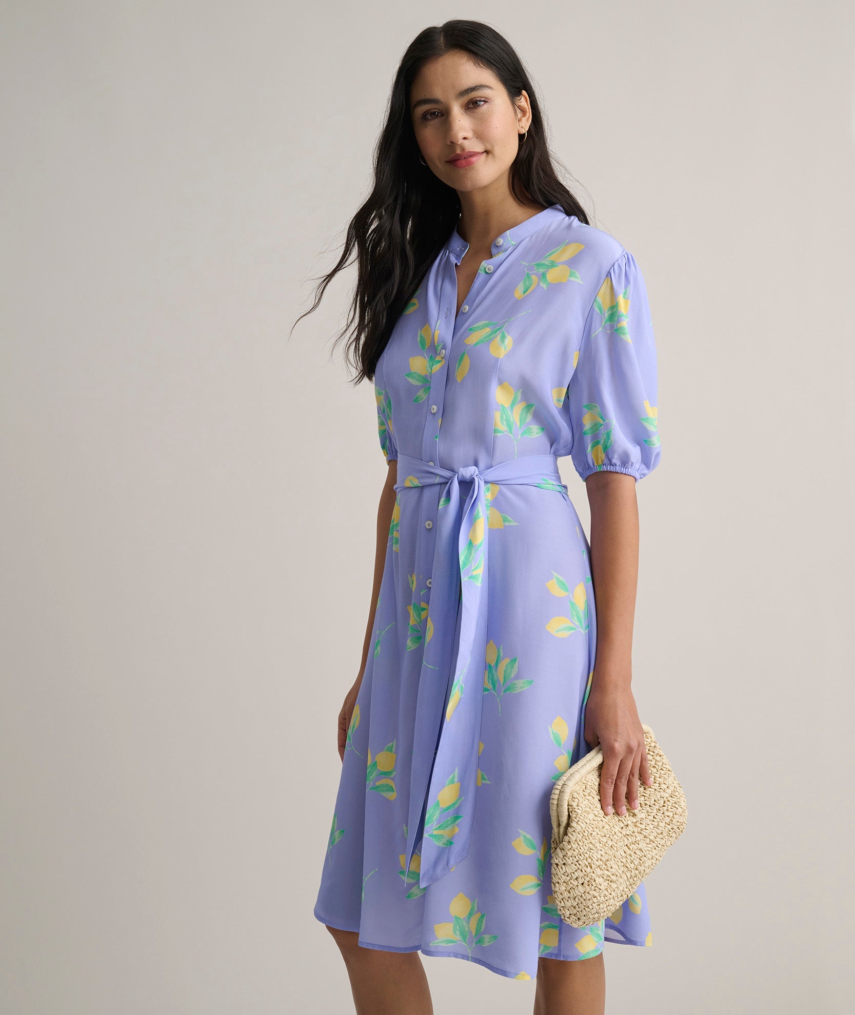 Short-Sleeve Lemon Print Midi Alix Dress