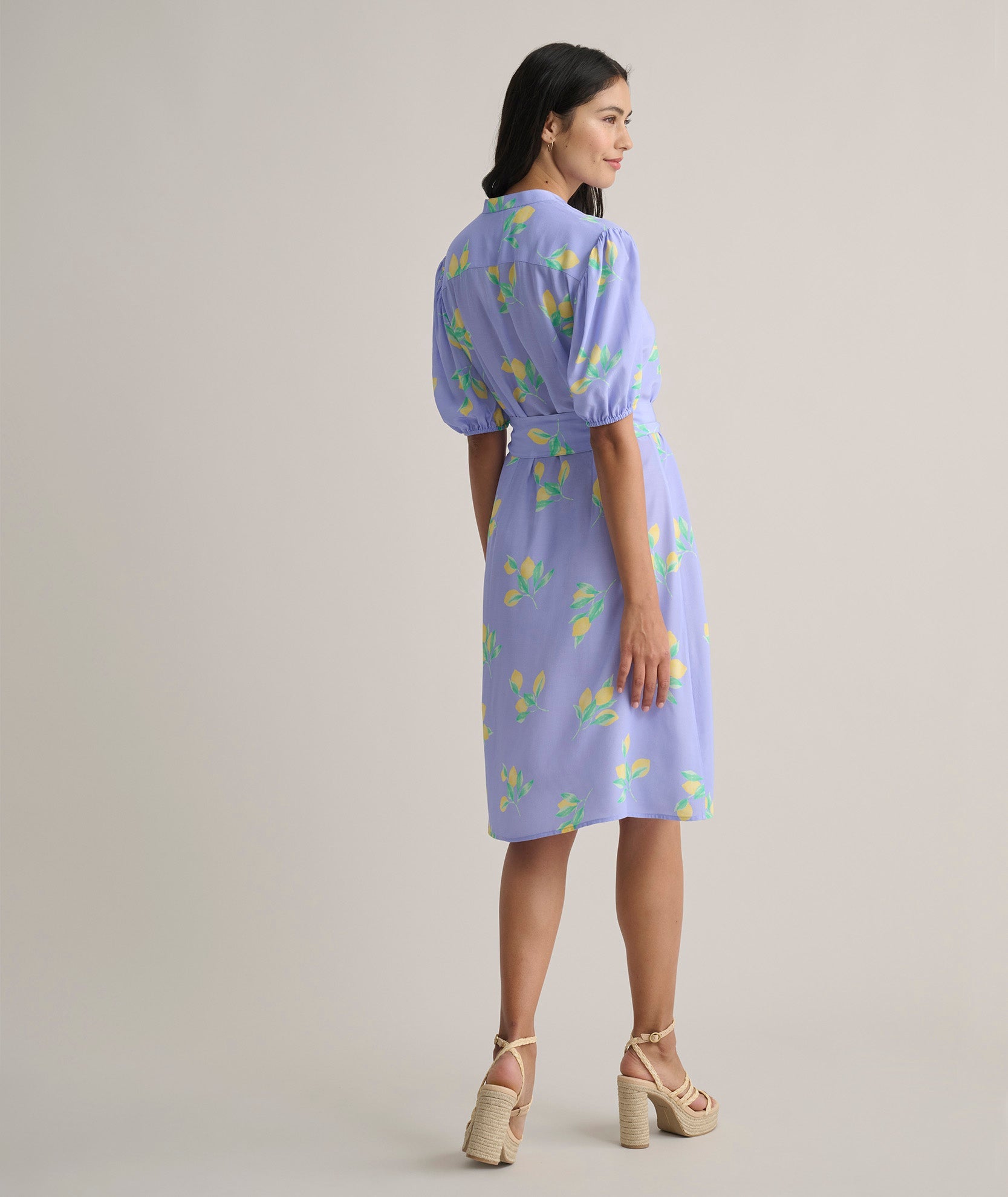 Short-Sleeve Lemon Print Midi Alix Dress