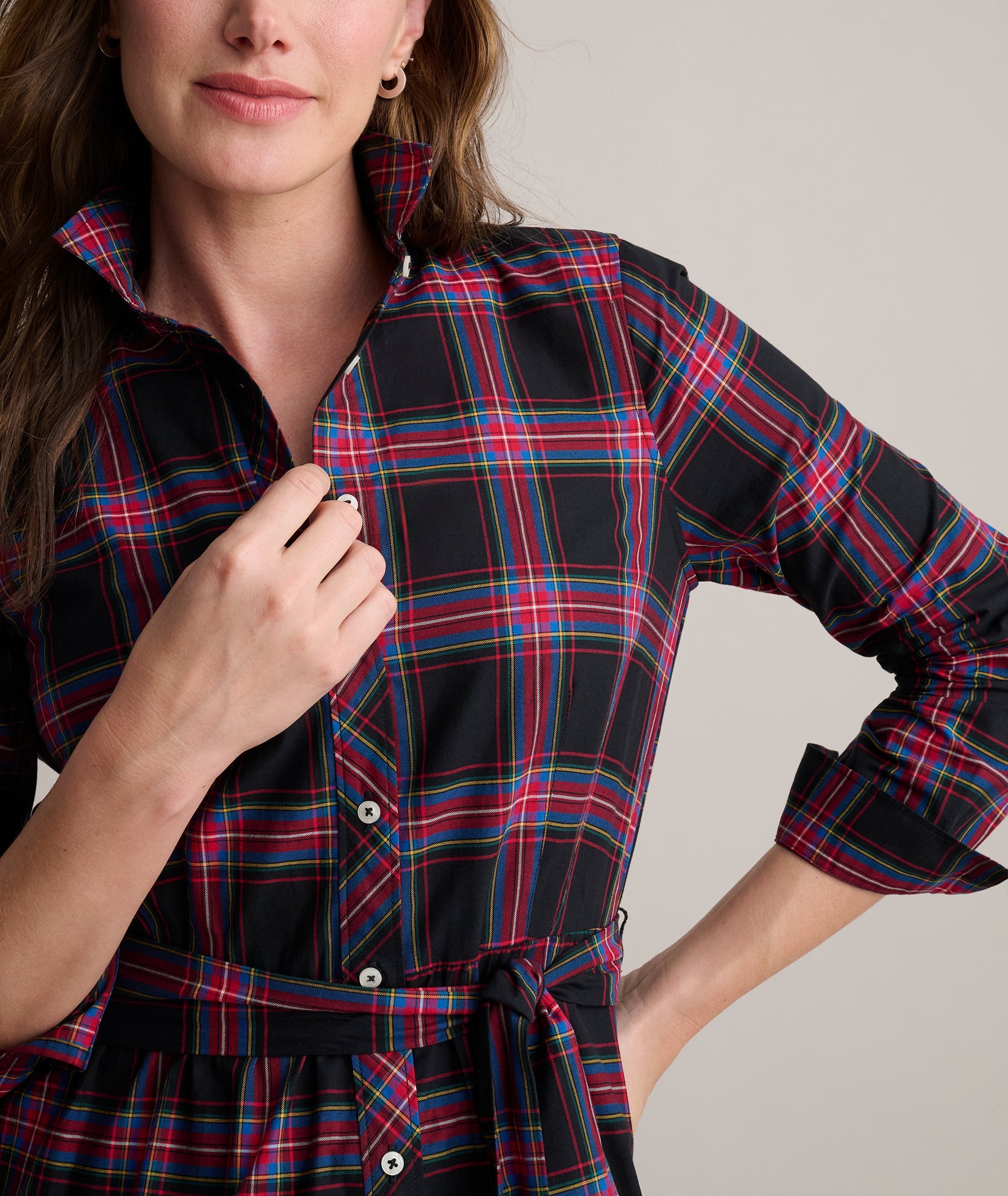 Stretch Cotton Stewart Plaid Cassie Shirt Dress