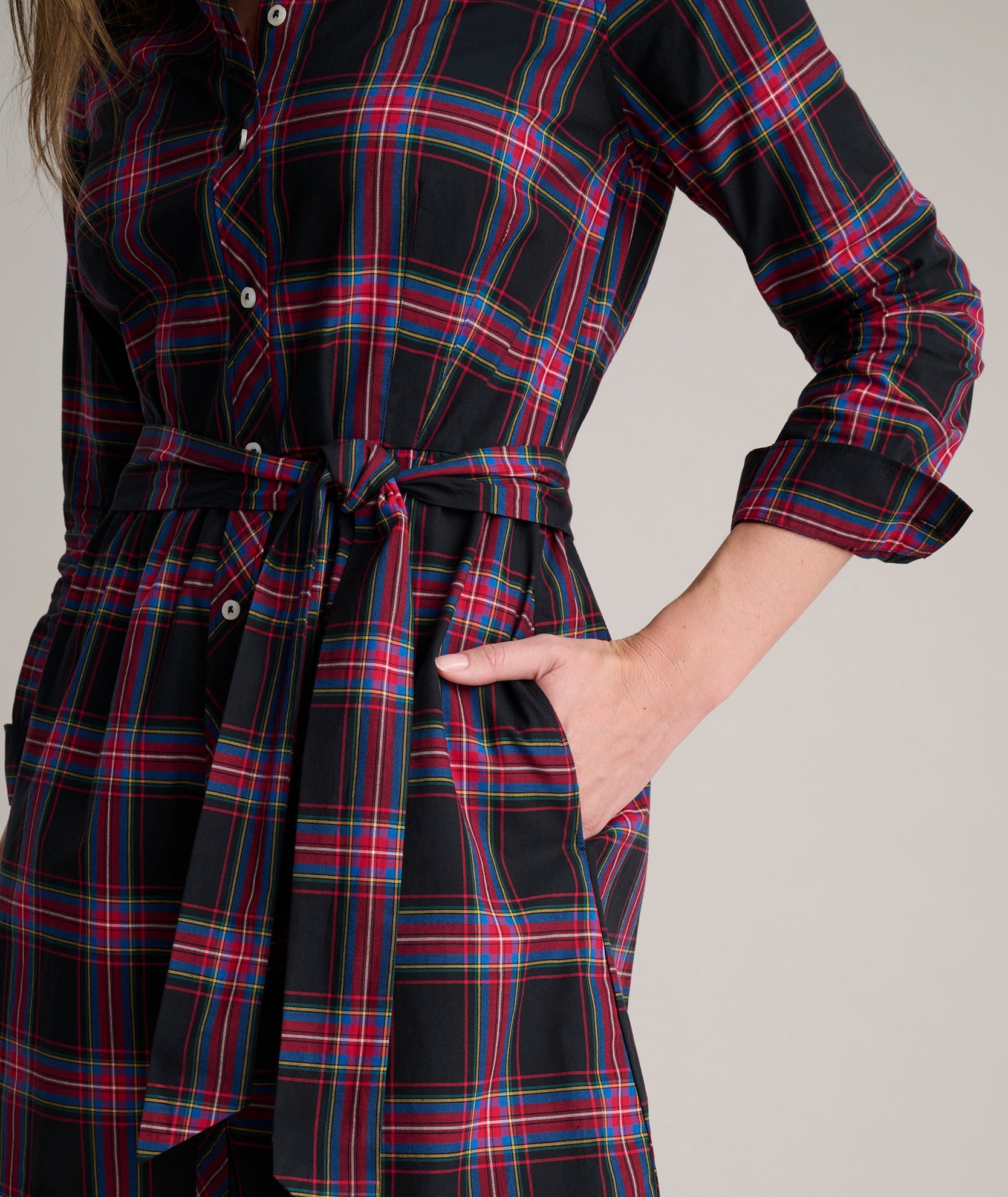 Stretch Cotton Stewart Plaid Cassie Shirt Dress