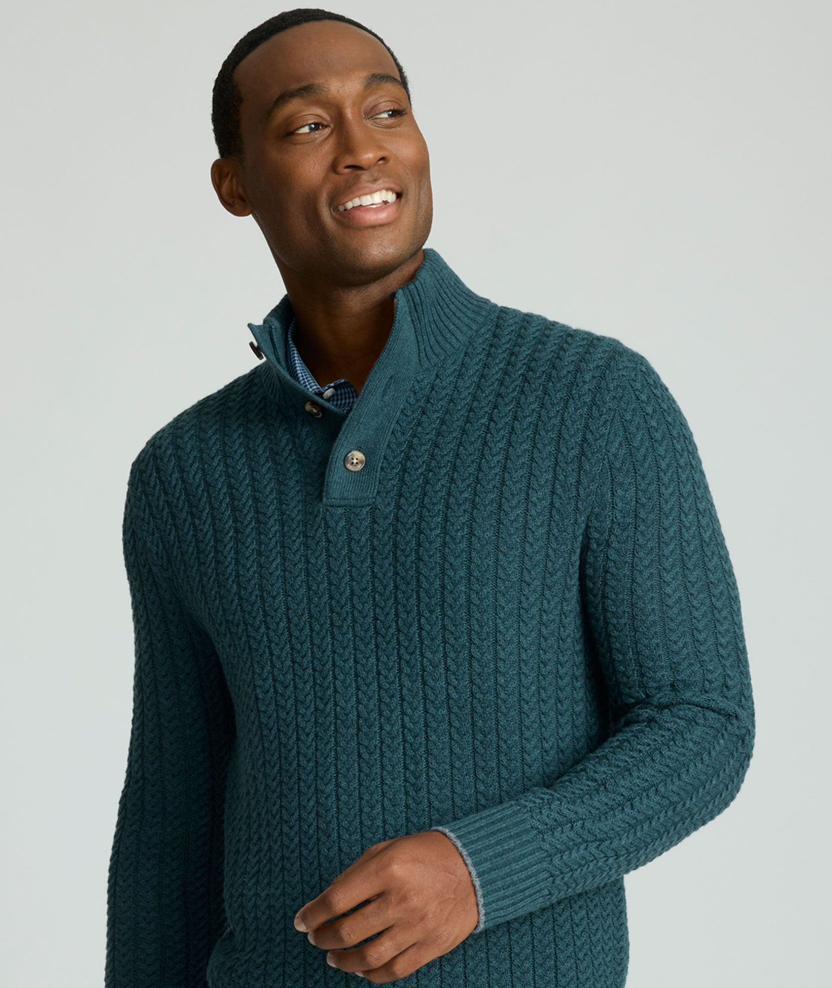 Cable-Knit Button Neck Sweater