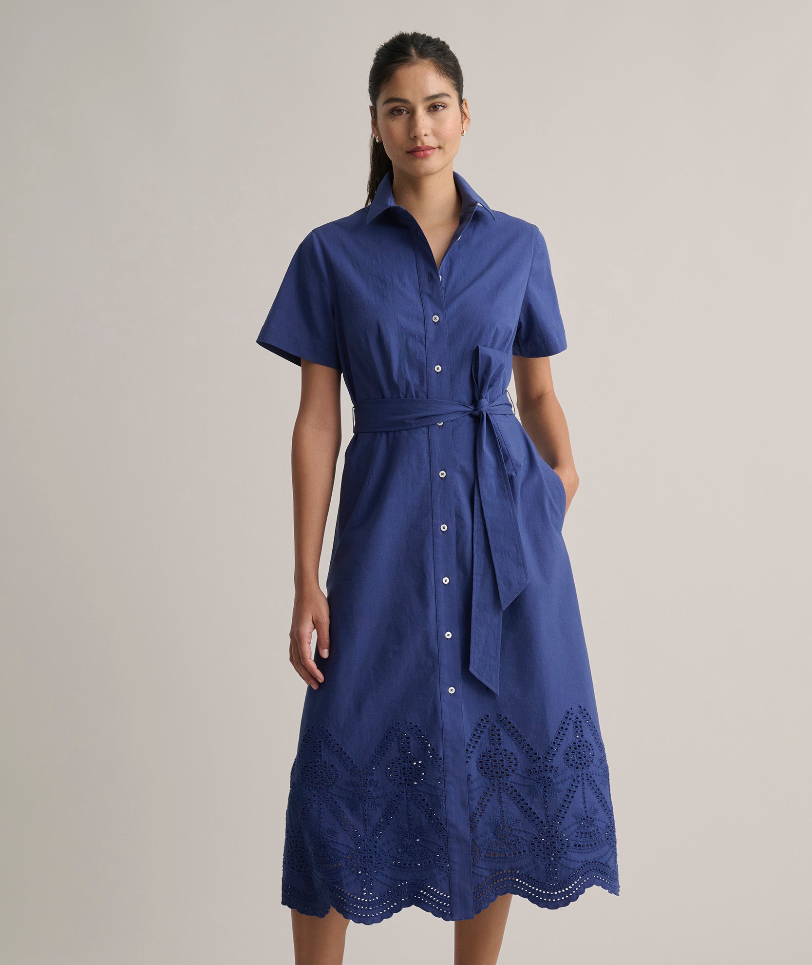 Stretch Cotton Eyelet Lillian Midi Shirt Dress