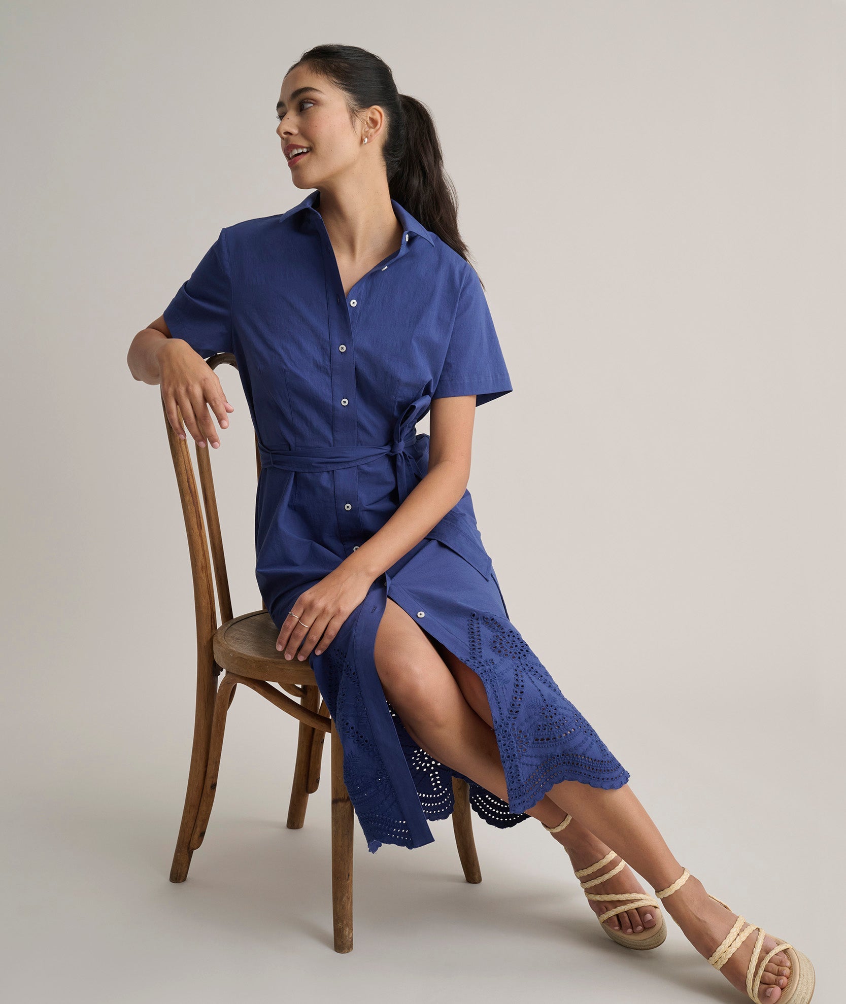 Stretch Cotton Eyelet Lillian Midi Shirt Dress