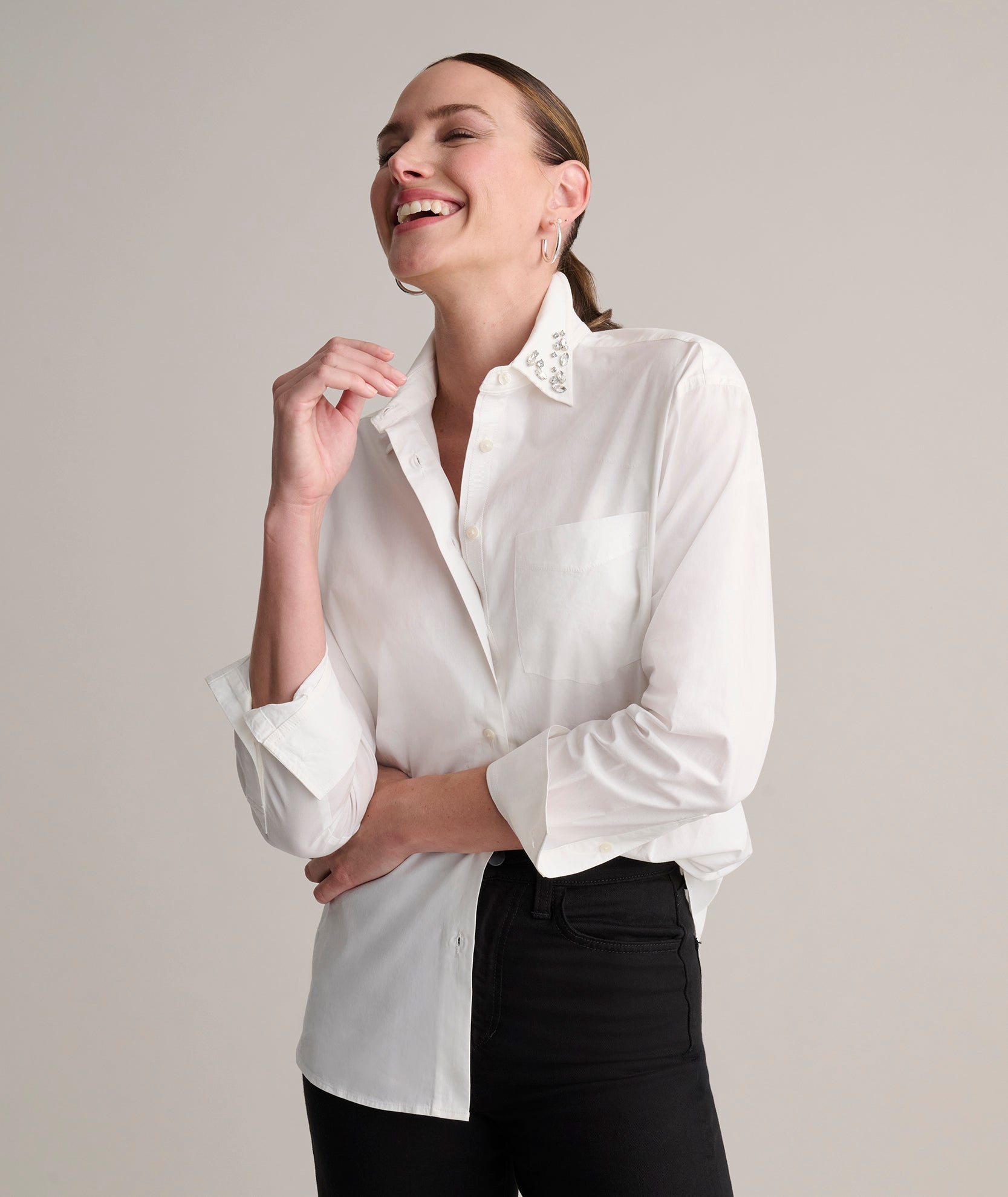 Stretch Cotton Jewel Collar Melanie Shirt
